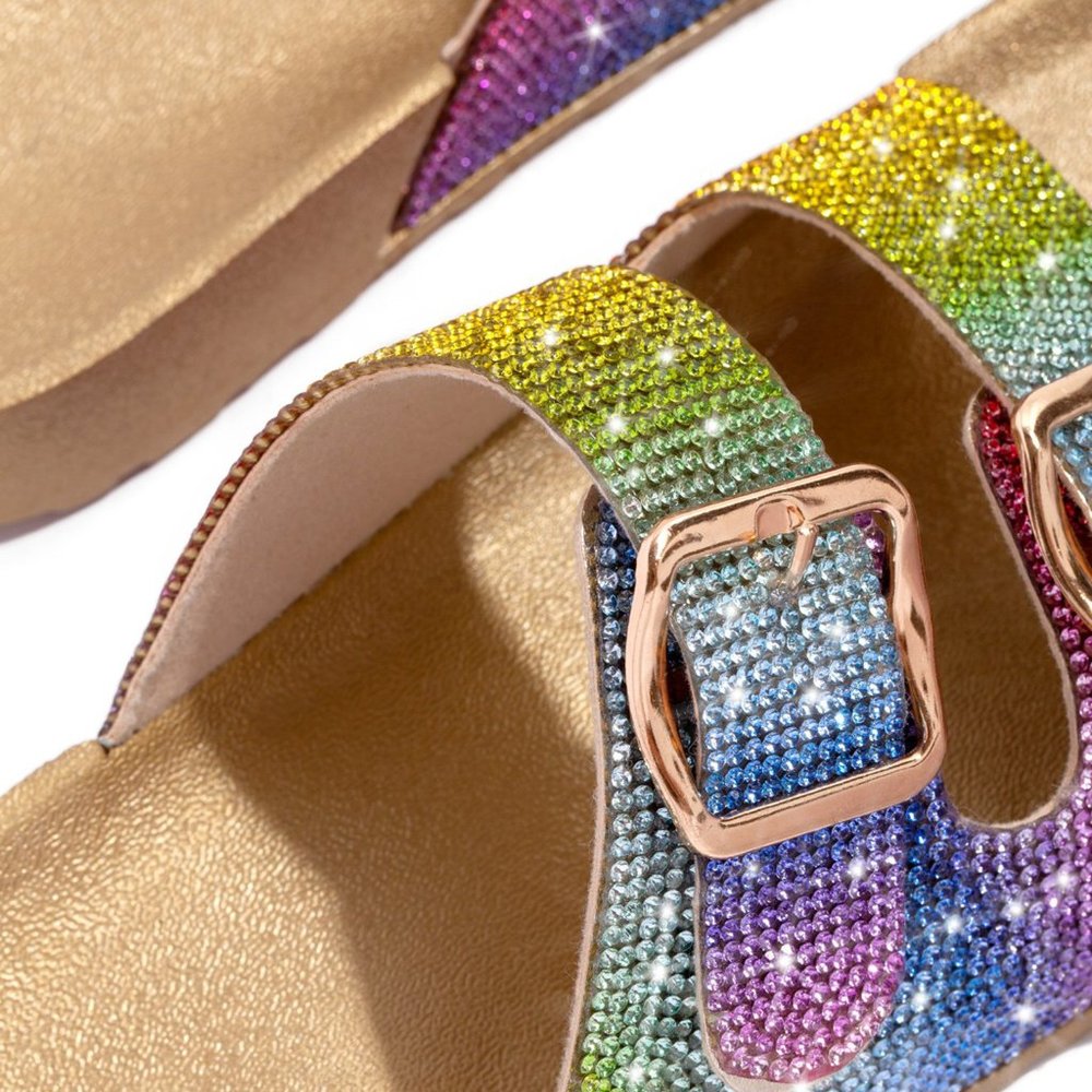 NEWπ₯ Comfy Bling Rainbow Rhinestone Buckle Slide Flat Sandals Open Toe Size 10 - Picture 4 of 6